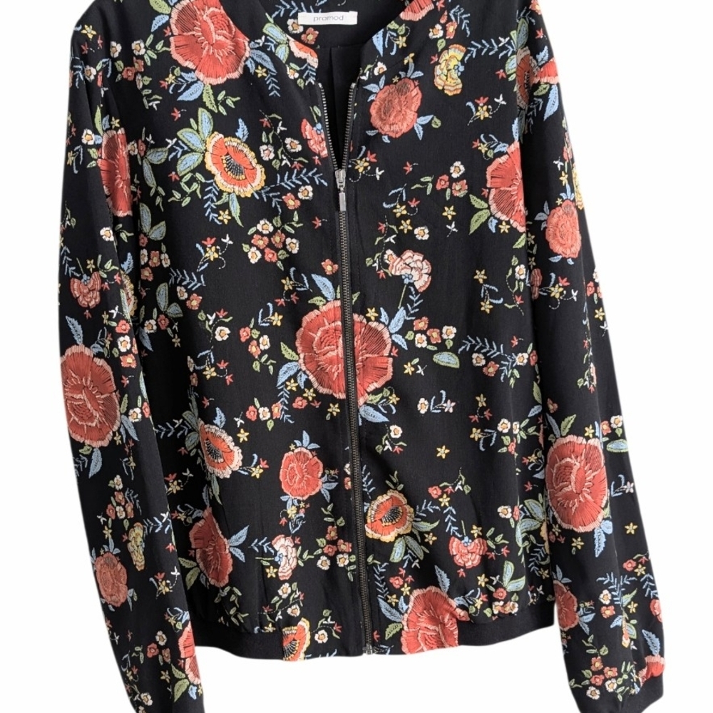 Promod Black Floral Full-Zip Bomber Jacket - Boho Embroidered Look, Size 8